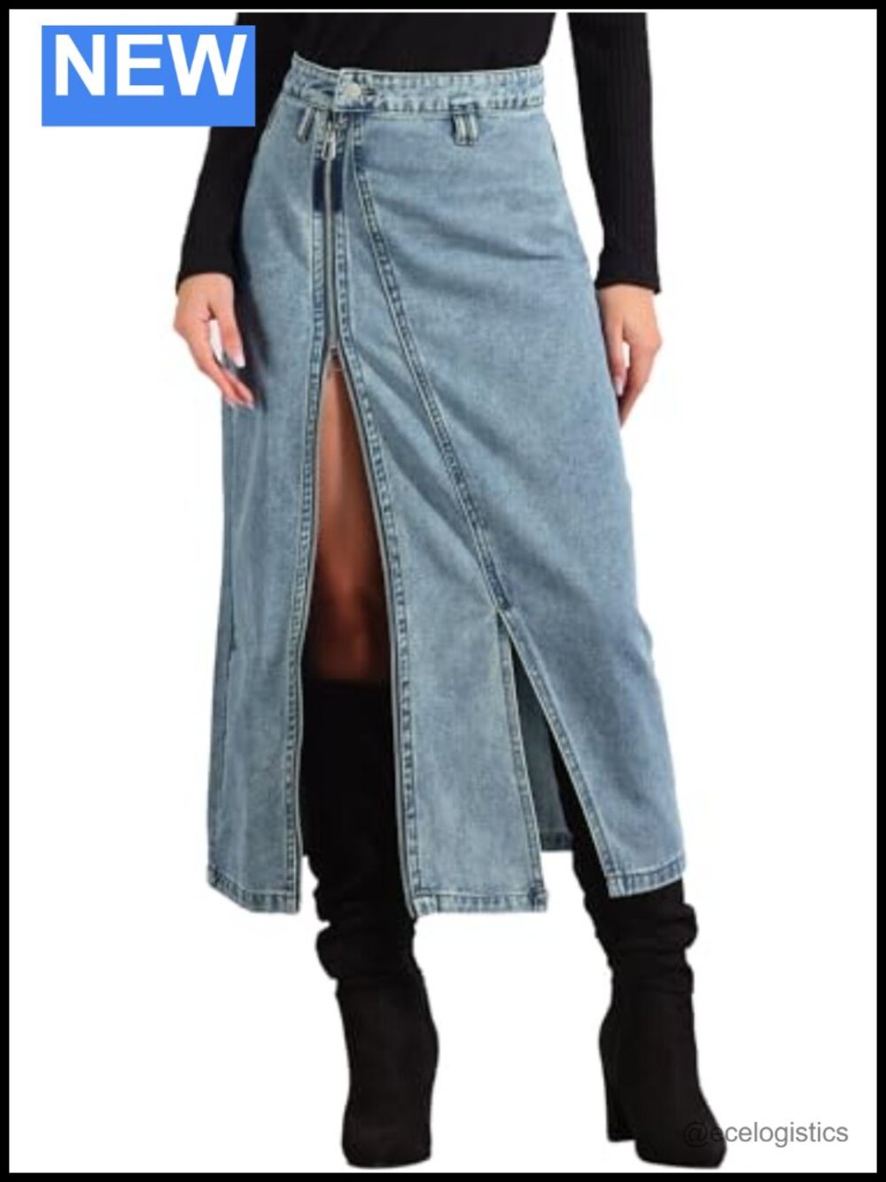 Long Denim Skirt Zipper Front Split Hem High Rise Jean Skirt